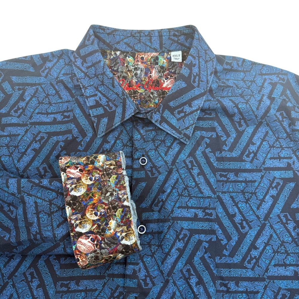 Robert Graham Shirt Men’s 2XLT Blue Black Geometric Paisley Skull Flip Cuff Tall